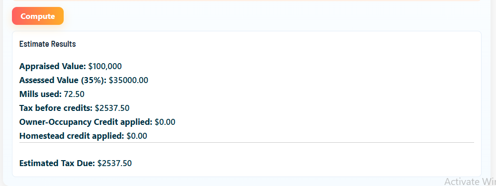 ross county tax calculator result example
