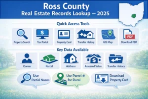 Title: “Ross County Real Estate Records Lookup – 2025” Style: Clean, modern, professional government-style infographic, visually engaging, easy-to-read Layout: Vertical infographic Sections / Visuals: Quick Access Tools – icons for: property search, tax portal, property card, transfer history, GIS map Quick Steps – 5-step visual flowchart: Open Search → Enter Details → Select Property → Review Info → Download PDF Key Data Available – icons with short labels: Owner, Parcel, Address, Assessed Value, Taxes, Transfer History Tips / Pro Tips – 2–3 small tip bubbles with icons: use partial names, parcel number for rural, always download property card Colors: Clean blues (#003580), white background, black & gray text, subtle accents in green for “verified/official” Text: Minimal text, short phrases only, use icons and arrows for flow Extras: Add small Ohio map icon, Ross County highlighted, subtle shadows for visual depth, friendly professional tone