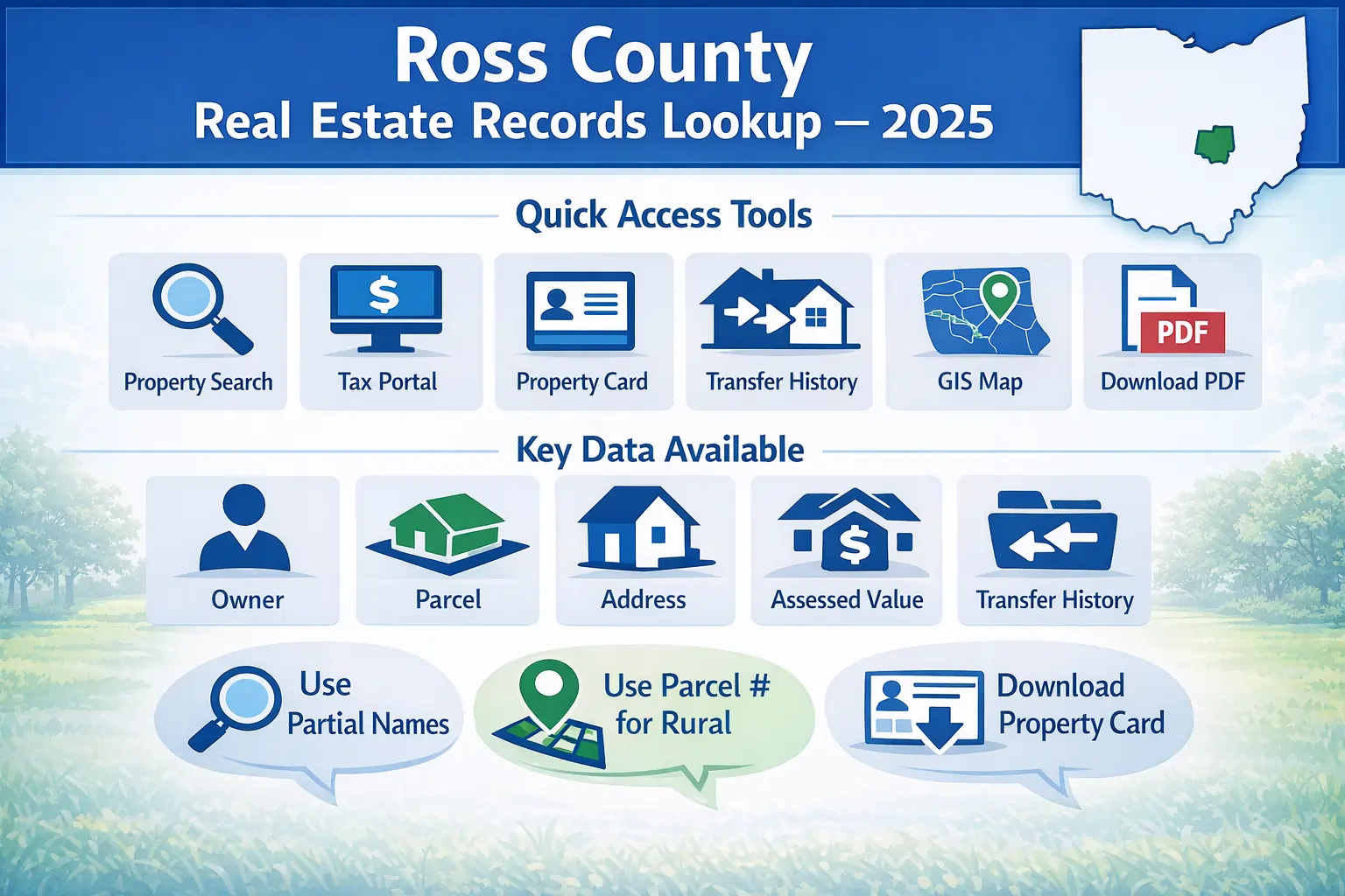 Title: “Ross County Real Estate Records Lookup – 2025” Style: Clean, modern, professional government-style infographic, visually engaging, easy-to-read Layout: Vertical infographic Sections / Visuals: Quick Access Tools – icons for: property search, tax portal, property card, transfer history, GIS map Quick Steps – 5-step visual flowchart: Open Search → Enter Details → Select Property → Review Info → Download PDF Key Data Available – icons with short labels: Owner, Parcel, Address, Assessed Value, Taxes, Transfer History Tips / Pro Tips – 2–3 small tip bubbles with icons: use partial names, parcel number for rural, always download property card Colors: Clean blues (#003580), white background, black & gray text, subtle accents in green for “verified/official” Text: Minimal text, short phrases only, use icons and arrows for flow Extras: Add small Ohio map icon, Ross County highlighted, subtle shadows for visual depth, friendly professional tone