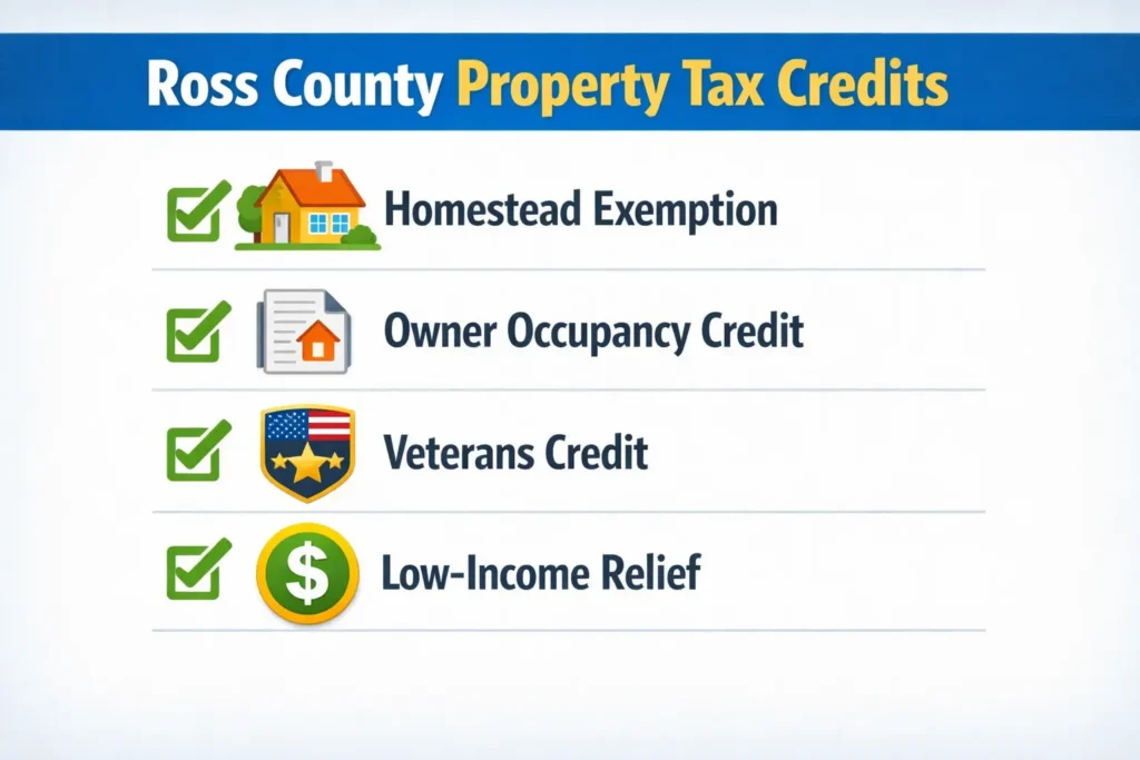 Infographic checklist of Ross County property tax credits including Homestead Exemption, Owner Occupancy Credit, Veterans Credit, and Low-Income Relief programs.